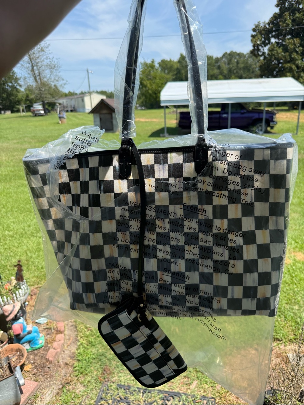 MacKenzie-Childs Black and White Checkered Tote with Matching Wristlet